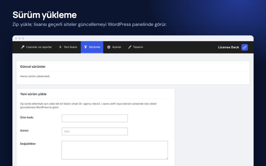 License Deck sürüm yükleme