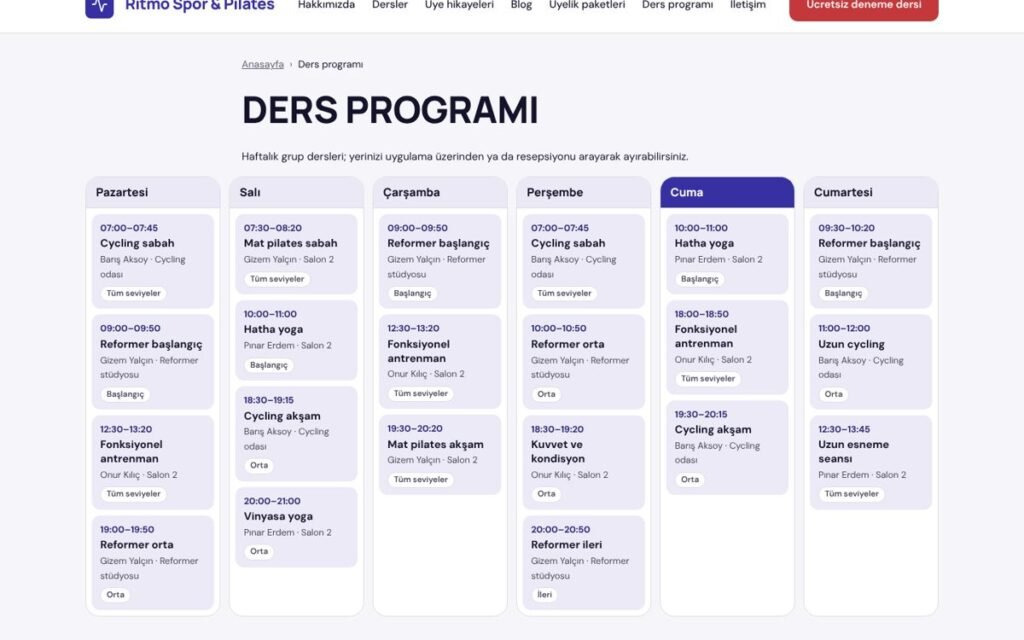 Rota Kurumsal haftalık ders programı