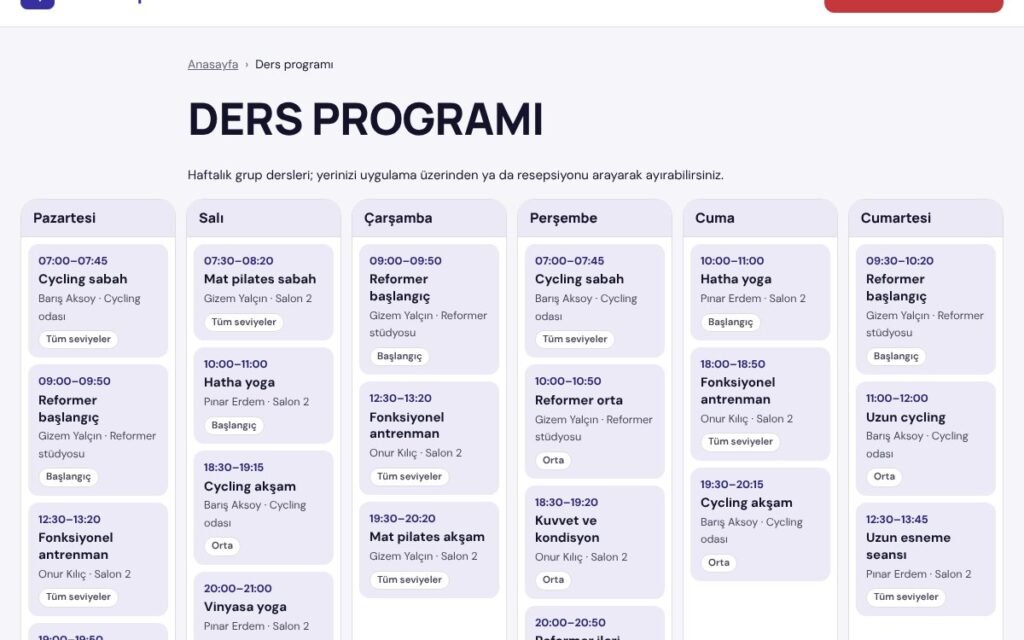 Rota Kurumsal haftalık ders programı