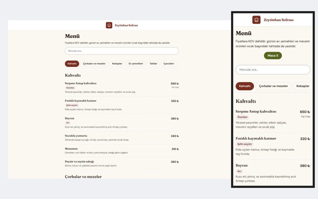 Rota Kurumsal restoran QR menüsü ve masa kartları