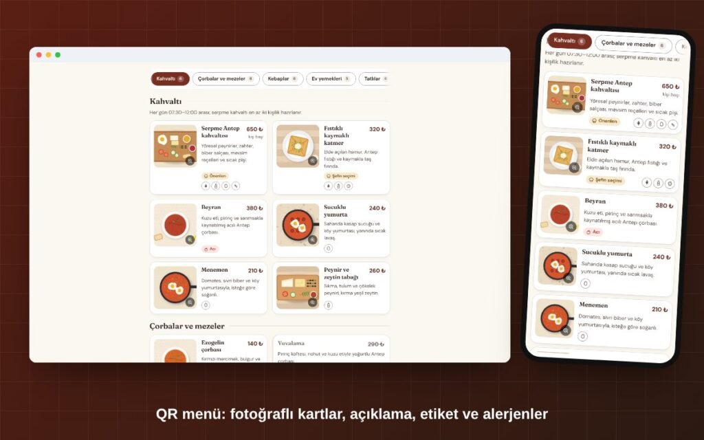 Rota Kurumsal restoran QR menüsü ve masa kartları