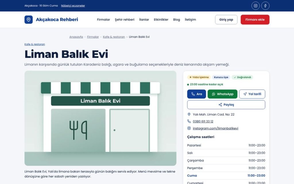 Rota Rehber işletme sayfası